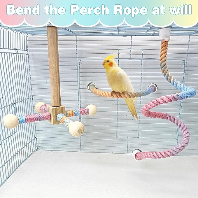BNOSDM Bird Rope Perch with Stand Perch Toy Set Bendable Rope Perches Wooden Spinning Exercise Wheel Toy Parrot Cage Accessories for Parakeets, Conures, Lovebirds, Budgies, Cockatiels (Rainbow Color)