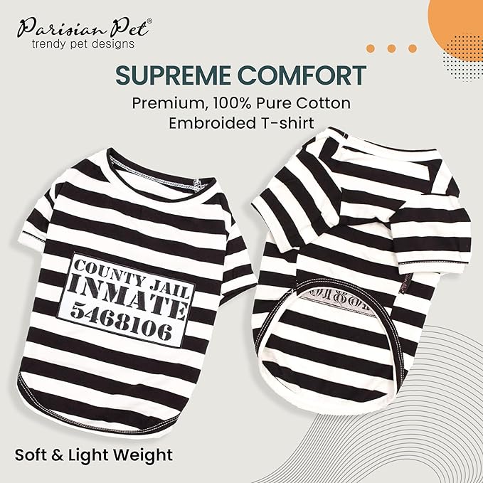 Parisian Pet XL Dog Shirt - Lightweight, Sleeved Black & White Stripes for Large Dogs - 100% Cotton & Polyester - Prisoner Dog Costume