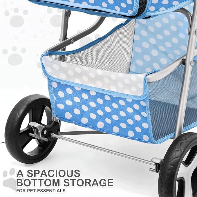 MoNiBloom 3 Wheels Pet Dog Cat Stroller for Small Medium Dogs Cats, Foldable Jogger Stroller w/Storage Basket and Cup Holder, Sky Blue Polka Dots