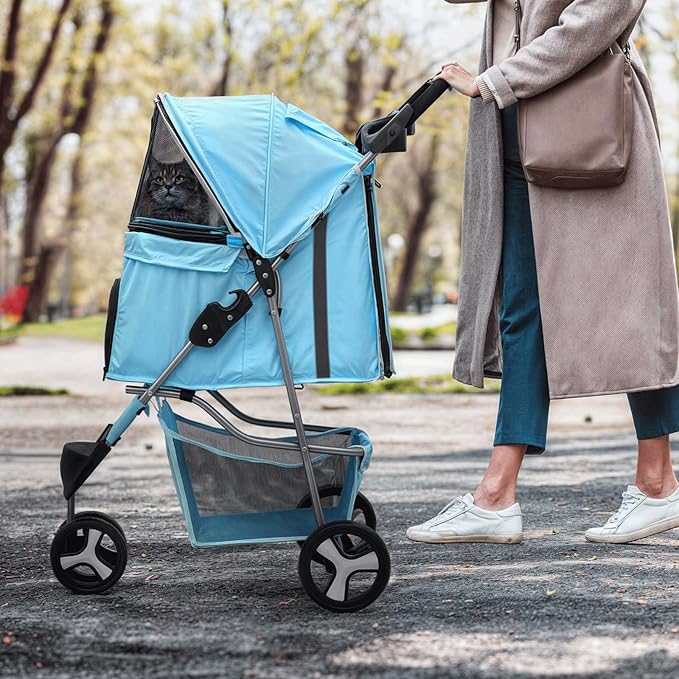 MoNiBloom 3 Wheels Pet Dog Cat Stroller for Small Medium Dogs Cats, Lightweight Foldable Jogger Stroller w/Storage Basket and Cup Holder, Mint Green