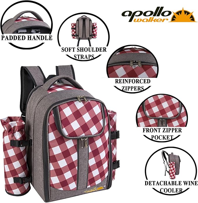 apollo walker Picnic Backpack Bag with Cooler Compartment, Detachable Bottle/Wine Holder, Fleece Blanket, Plates and Cutlery Set (2 Person, Gray)