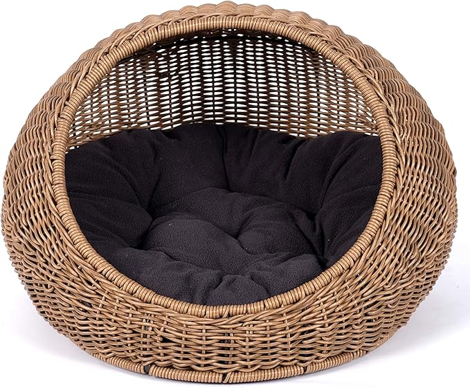 D+GARDEN Wicker Cat Bed Dome for Medium Indoor Cats - a Covered Cat Hideaway Hut of Faux Rattan Houses Pets in Dome Basket, Washable