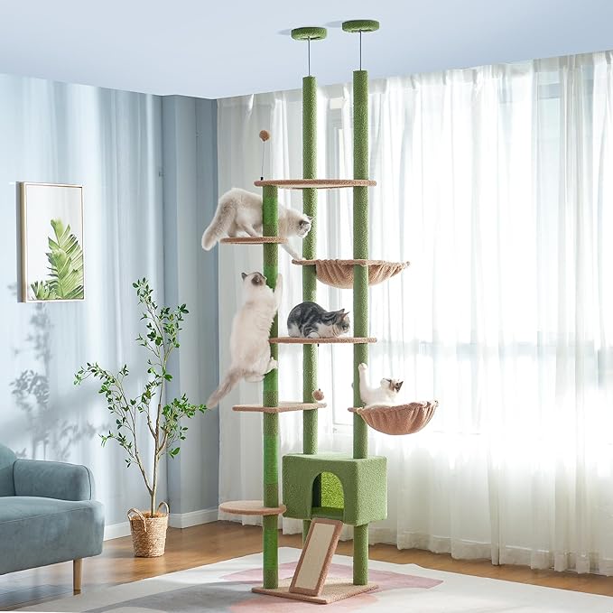 Floor to Ceiling Cat Tree Tall Cat Tower with Adjustable Height (81.8-108 Inches) with Fully Scratching Post Private Condo and Hammock for Indoor Cats (Green, Triple Dule Posts)