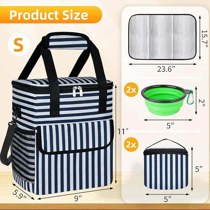 Dog Travel Bag for Camping - Pet Travel Accessories with 2 Collapsible Bowls, 2 Food Containers & Waterproof Feeding Mat - Portable Dog Carrier, Stripe (Small)