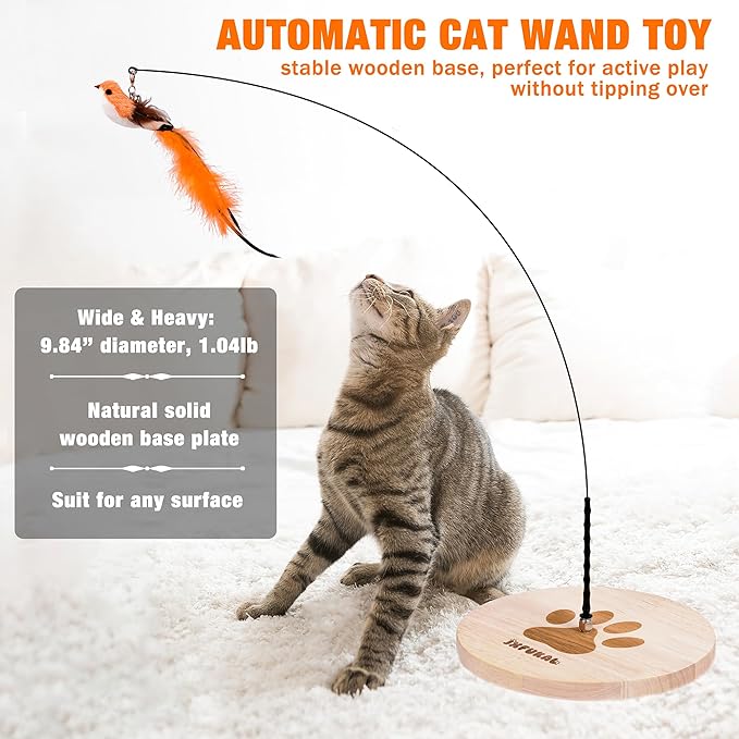 JXFUKAL Interactive cat Toy, Automatic Cat Wand Toy with Stable Wooden Base, 2 PCS Detachable Cat Teaser, 5PCS Refills Replacement & Hanging Cat Toy, Kitty Kitten Toys Cat Feather Spring String Toy