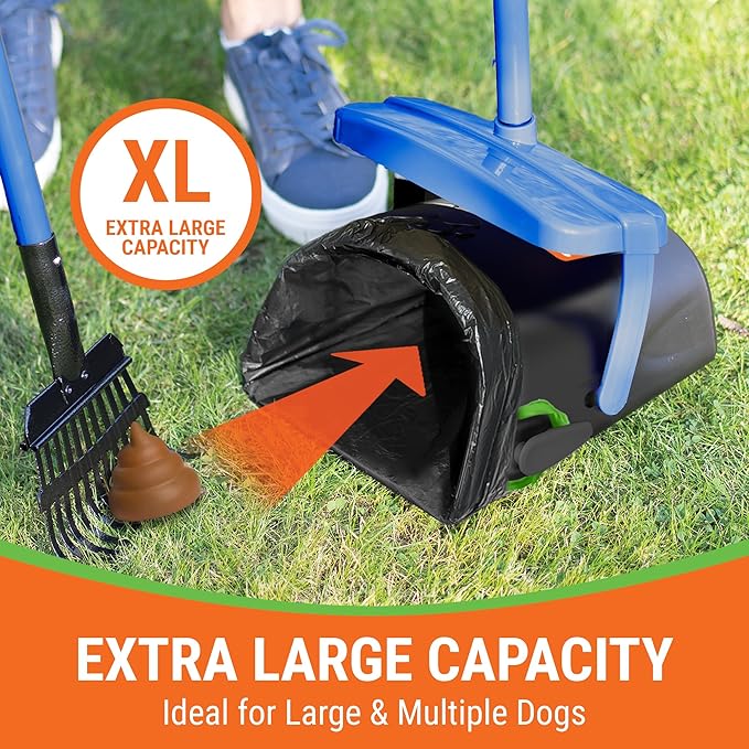Dog Pooper Scooper with Bag Attachment, 40" Long Handle Pooper Scooper for Large Dogs, Dog Poop Scoop for Yard, Large Capacity Swivel Bin and Rake, Lavender Scented Bags (Blue)