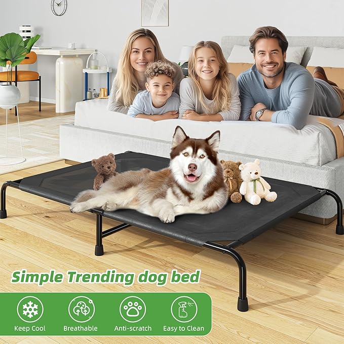 Simple Trending Raised Dog Bed for Extra Large Dogs, Waterproof XL Dog Cot, Outdoor Elevated Pet Bed, 60.25" x 37.25", Black