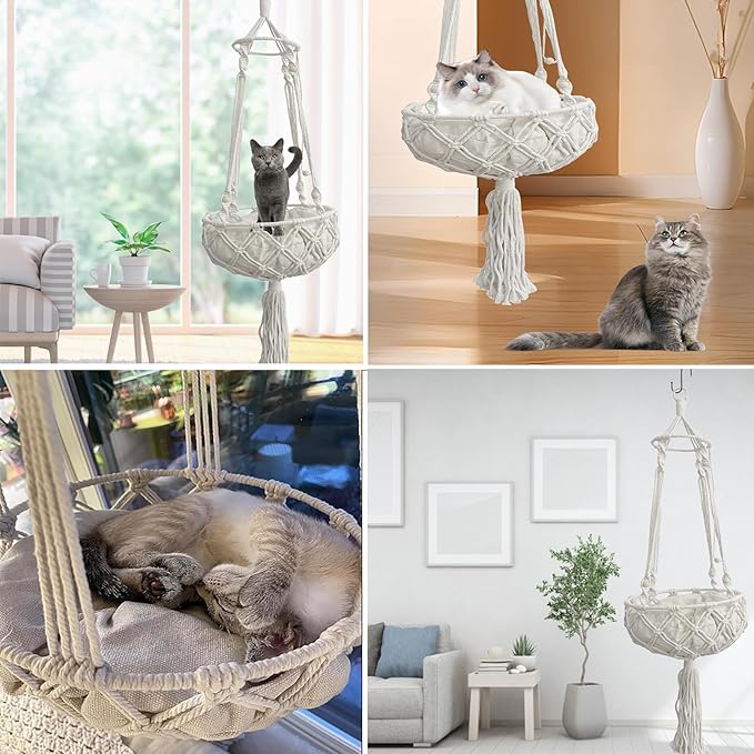 kathson Macrame Cat Hammock with Cushion,Handwoven Cats Bed,Hanging Indoor Boho Kitten Swing Beds for Playing Sleeping Climbing and Lounging(XL)