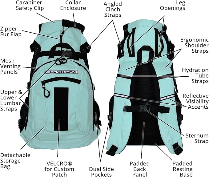 K9 Sport Sack Plus 2 - Small, Summer Mint - Ideal for Dogs 13-16” Long - Adjustable, Backpack-Style Carrier with Multi-Functional Storage Pack, Thick Shoulder Straps & Padded Back Panel