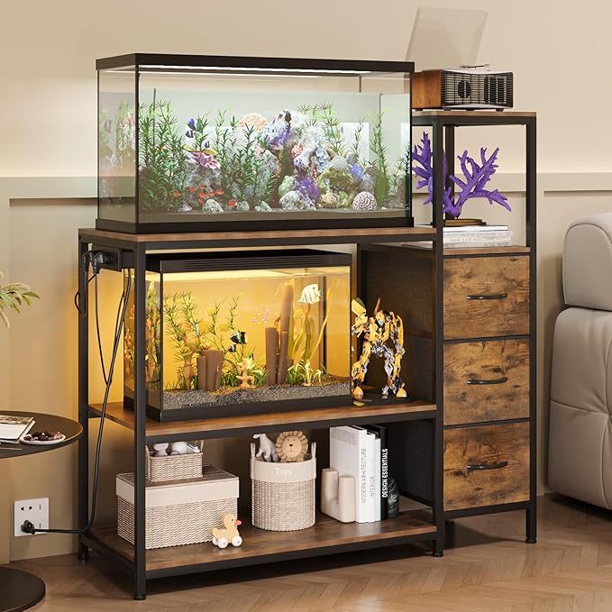 20 Gallon Aquarium Stand with Power Outlets Fish Tank Stand with 3 Drawers Metal Frame Heavy Duty Reptile Tank Stand with 3-Tier Storage Shelves,Left/Right Assembly, Adjustment Height