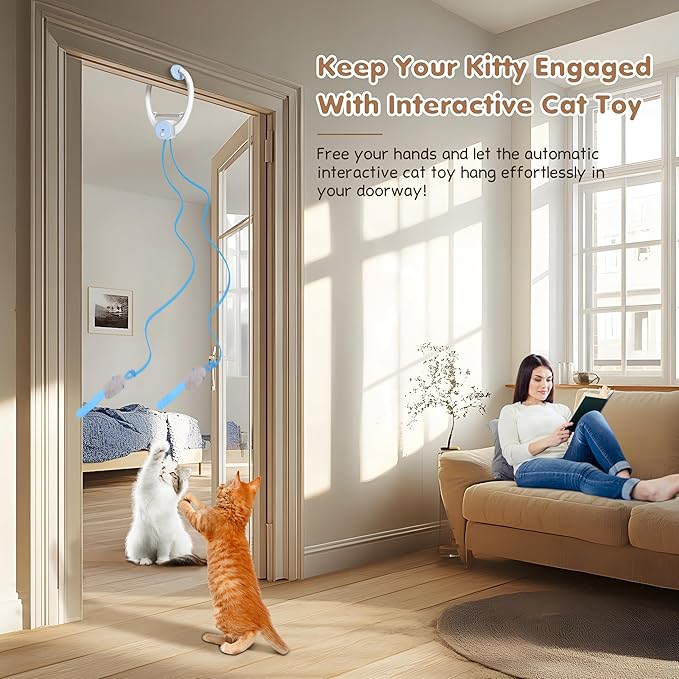 Interactive Cat Toys Rechargeable, Feather Toy for Indoor Cat, Hanging Retractable Teaser Toy, Automatic Kitten Play Chase Exercise Toys with Three Plush Mouse, USB Powered (Blue)