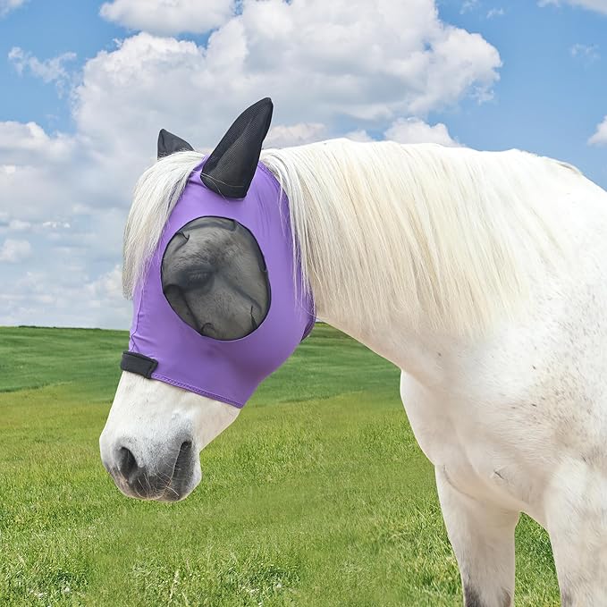 Stretchy Horse Fly Mask for Horses, Soft Lycra Equine Mesh Mask, Elasticity Horse Face Covering, Breathable&UV Protection, Violet, Cob