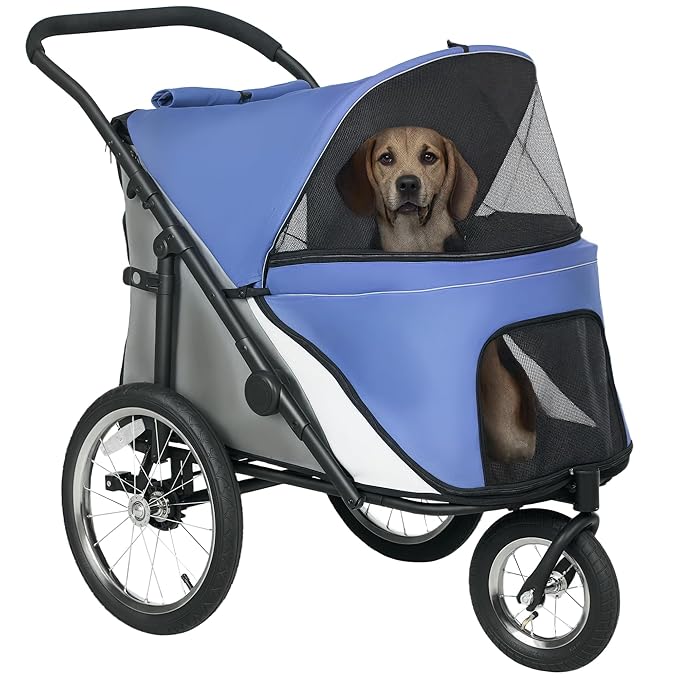 PawHut Dog Stroller, Pet Stroller 3 Wheels with Easy One-Hand Fold, Rubber Wheels, Storage Bag, Soft Cushion, Safety Leash, for Small & Medium Dogs, Blue