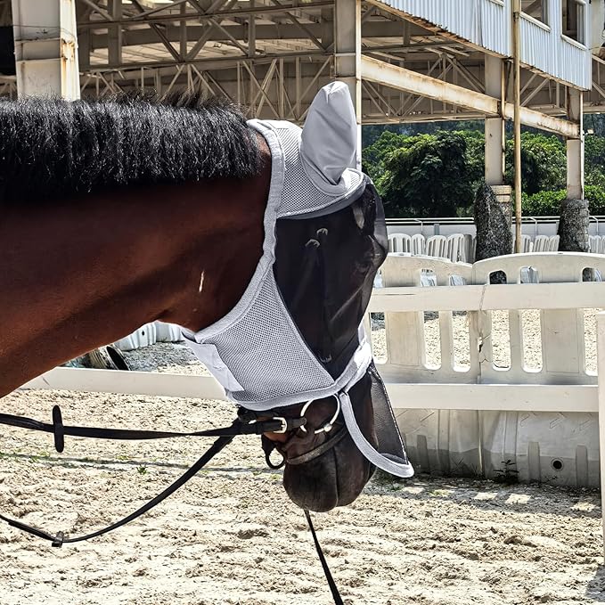 Luminous Horse Fly Mask with Long Nose, Ears, Full Face & Eye Protection - Full Mesh, Detachable Nose Cover, Fleece Padded Edging, Hook-and-Loop Straps with Webbing, Hanging Straps Grey