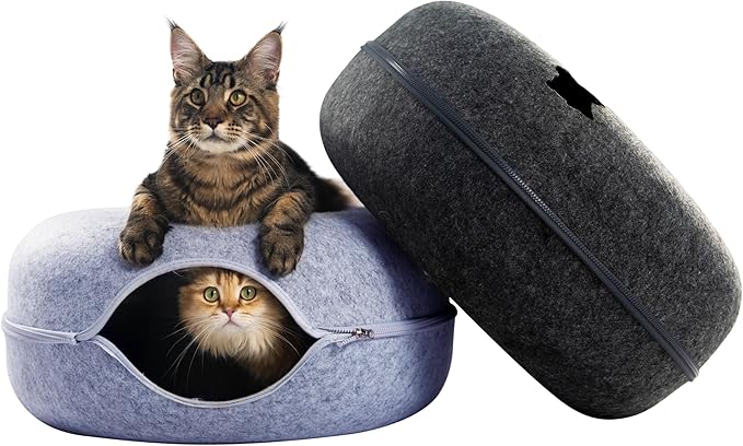 CATTASAURUS Peekaboo Cat Cave for Multiple & Large Cats Up to 30-45 Lbs, Scratch Detachable & Washable Tunnel Bed, Comfy Donut Cat Cave (Light Gray + Dark Gray, Large)
