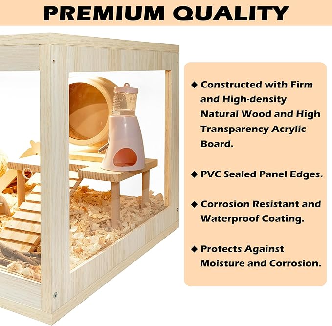 Prolee Hamster Cage Wooden, Mice and Rat Habitat, Hamster Cage with Openable Mesh Top, Clear Acrylic Solid Built with Lock Design, Oak 40"
