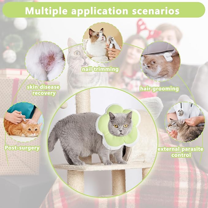 Cat Cone Collar Soft, Waterproof Cats Cones to Stop Licking After Surgery, Adjustable Soft Elizabeth Cats Collars for Wound Healing, Flower Shape Cat Recovery Collar (Green, Medium)