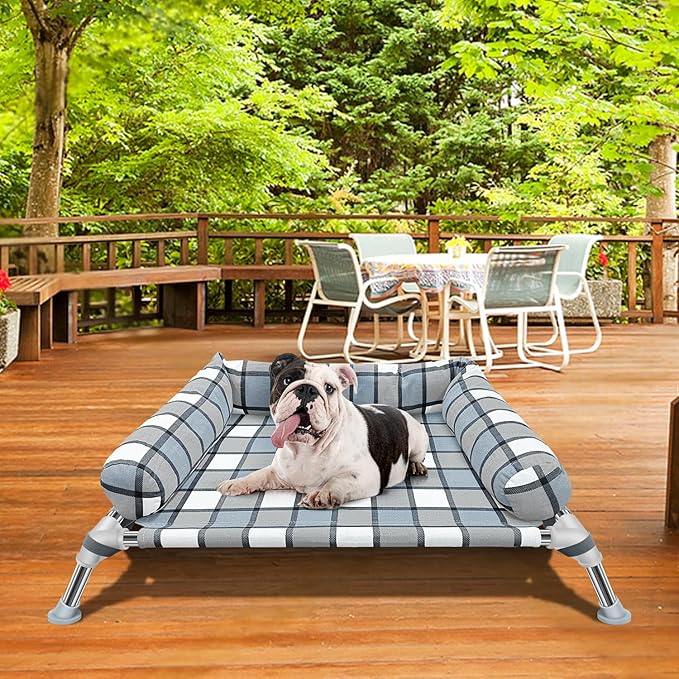 Elevated Raised Dog Bed Cot - Cooling Dog Bed with Pillows, Portable Washable Pet Cot with Metal Frame for Indoor & Outdoor Use
