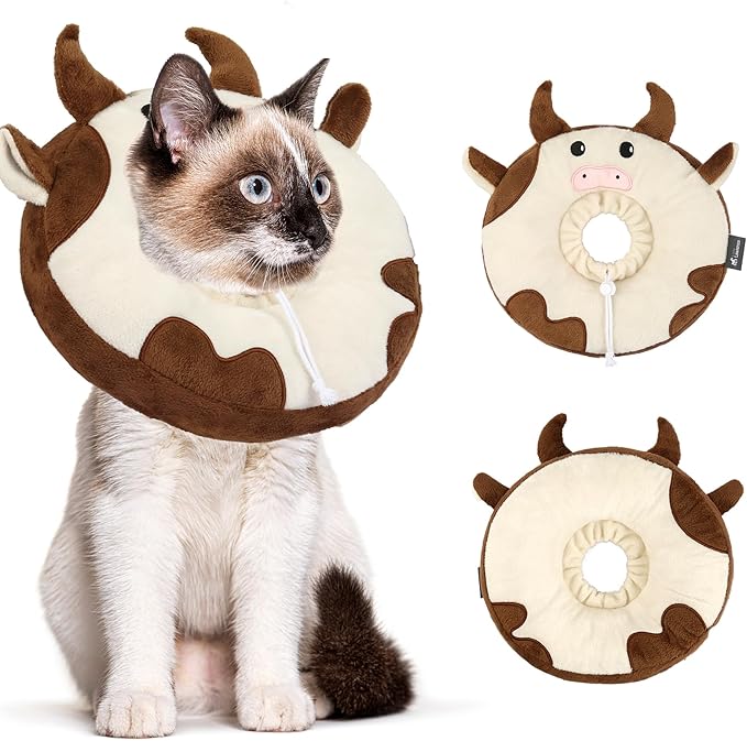 Adjustable Cat Collar Soft to Stop Licking After Surgery for Kitten, Alternative to Cone of Shame, Donut Cone for Cats, Pet Elizabethan Collar (Cow, Medium)