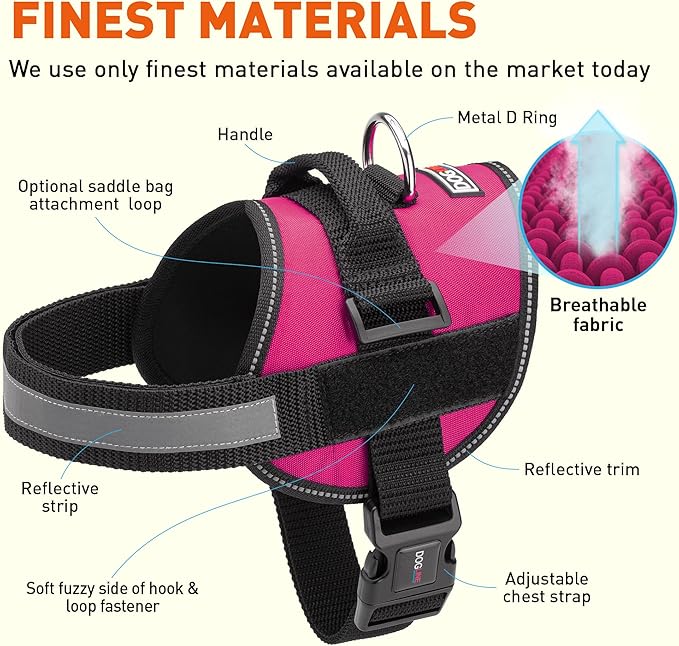 Dogline Dog Harness, Reflective No-Pull Adjustable Vest with Handle, Breathable No-Choke Harness for Small, Medium or Large Dogs Room for Patches Girth 27 to 34 in Pink