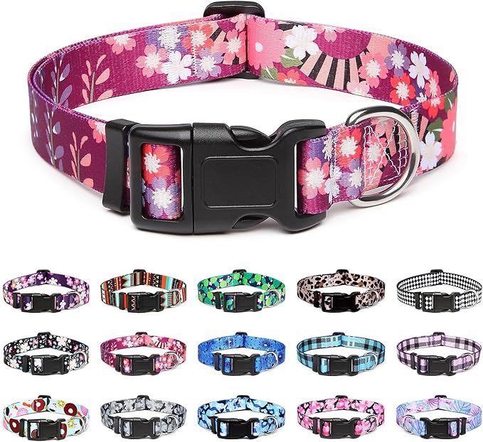 Mercano Adjustable Dog Collar - Special Design Patterns, Soft Nylon Comfortable Durable Pet Collar for Small Medium Large Dogs (L, Colorful Flower)