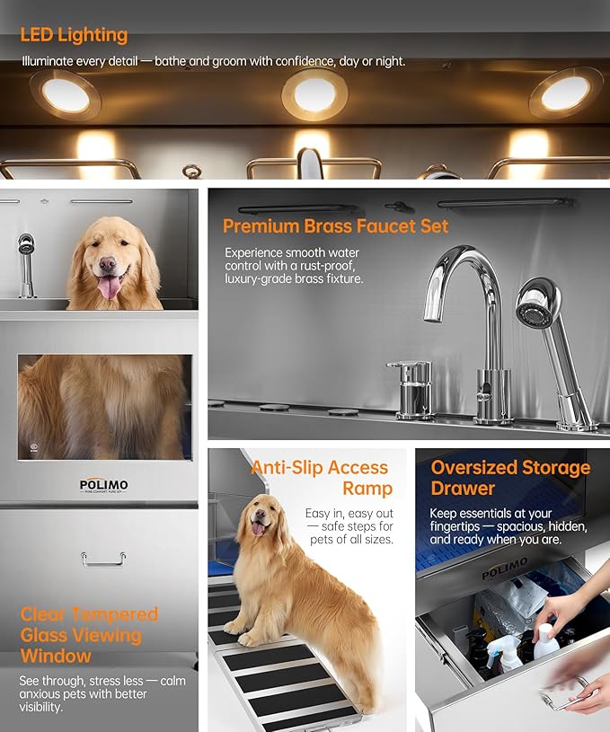 POLIMO Dog Washing Station, LED Professional Stainless Steel Dog Bathing Station 50", Dog Grooming Tub for Large, Medium & Small Dog - with Window, Ramp, Drawer, Floor Grate & Faucet (Right RAMP, 50")