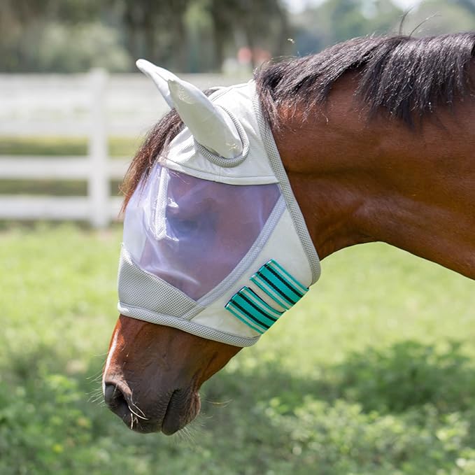 Equinavia Algard Soft Mesh Horse Fly Mask with Ear Protection and 45 UPF Rating | No Eye Irritation & UV Protection - Silver/Turquoise - Pony