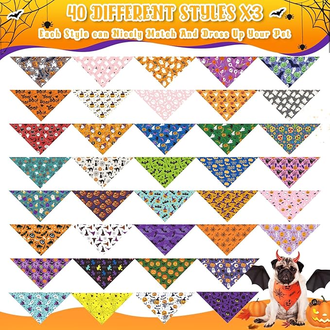 Amylove 120 Pcs Halloween Dog Bandanas Bulk Holiday Triangle Dog Pack Puppy Kerchief Bandana Adjustable Pet Scarf for Pet Cat Costume Accessories Decor(Skeleton)