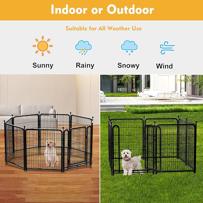 Dog Playpen 48inch 12 Panels, Puppy Playpen Indoors, Dog Fence Outdoor for Yard, Wide Door Low Threshold Garden Fence for Medium/Large Pets. Black Dog Pens Total 26.6 Ft(L)