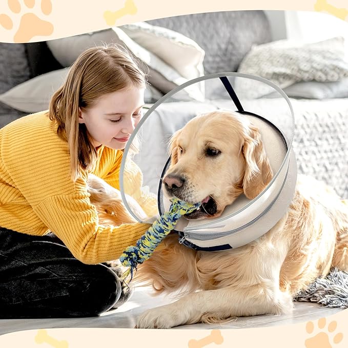Dog Cone Collar with Enhanced Anti-Licking, Inflatable Dog Cone After Surgery, Adjustable Size with Soft Padding for Small Medium Large Dogs - Pale Yellow/L