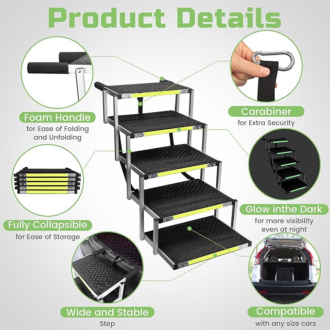 Sturdy 5-Step Aluminum Frame Dog Stair with 1680D PVC Fabric - Non-Slip, Lightweight & Portable - Ideal for Car, SUV, Truck Access - Black (98x67x43cm)
