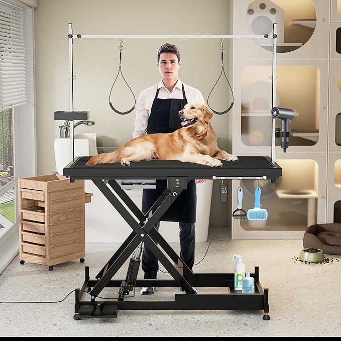 Electric Pet Grooming Table for Large Dogs - Professional Heavy Duty Height Adjustable Pet Grooming Station with Anti Slip Tabletop, Two Nooses & Tool Organizer, Maximum Capacity Up to 250 lbs Black