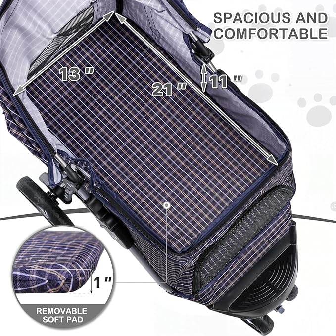 MoNiBloom 3 Wheels Pet Dog Cat Stroller for Small Medium Dogs Cats, Lightweight Foldable Jogger Stroller w/Storage Basket and Cup Holder, Plaid