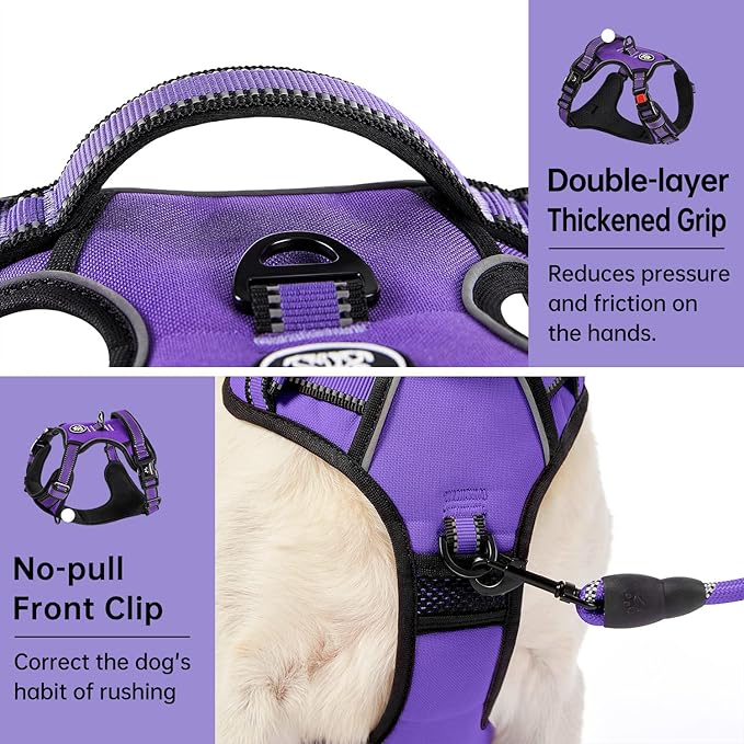 IVY&LANE No Pull Dog Harness for Large Dogs, Dog Vest Harness with Leash, Safety Belt and Storage Strap, Fully Adjustable Harness, 360° Reflective Strip, Soft Handle (Purple, L)