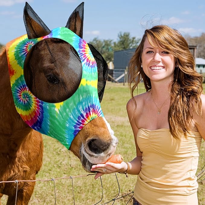 Chunful 6 Pcs Horse Fly Masks with Ears Smooth and Comfortable Cashel Mesh Fly Mask Elasticity Breathability UV Protection Horse Face Covering for Riding Supplies(Tie Dye,Medium)