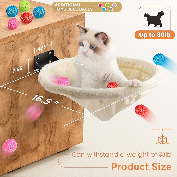 Cat Hammock Wall Mounted, Foldable & Stable Cat Beds- Breathable Cats Wall Shelves for Sleeping, Playing, Climbing, and Lounging - Maximum Hold Up to 30lb（Gray+Cream,Faux Rabbit Fur）