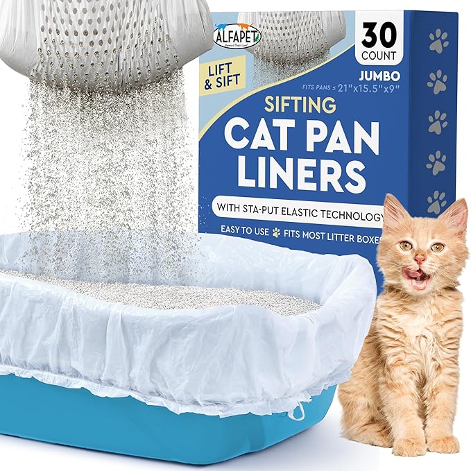 Alfapet Sifting Cat Litter Box Liners - Jumbo 30 Count, Tear-Resistant Cat Litter Bags, Waterproof Kitty Litter Liners, Fits Litterbox Pan Sizes X-Large, X-Giant, 37" x 18" 30 lb Capacity