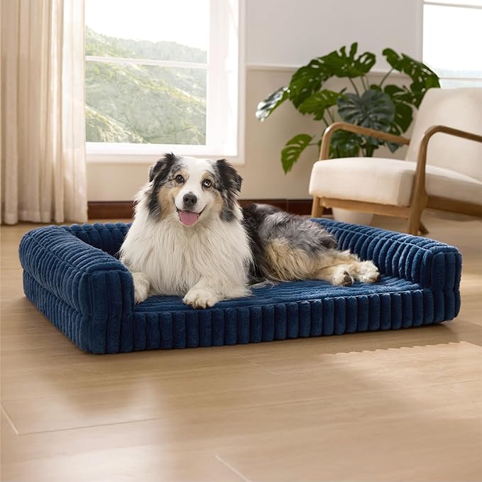 Bedsure Orthopedic Dog Beds for Extra Large Dogs, Waterproof Memory Foam XL Pet Bed with Sides, Non-Slip and Egg-Crate Foam Big Dog Couch Sofa with Washable Removable Corduroy Cover, Blue