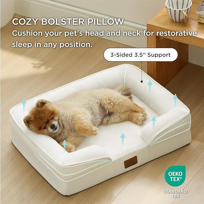 Bedsure Orthopedic Dog Beds for Small Dogs - Washable Small Dog Cat Bed Waterproof, Comfort Pet Couch Sofa with Washable Removable Cover, Pets Bed with Nonskid Bottom, Ivory, 24"