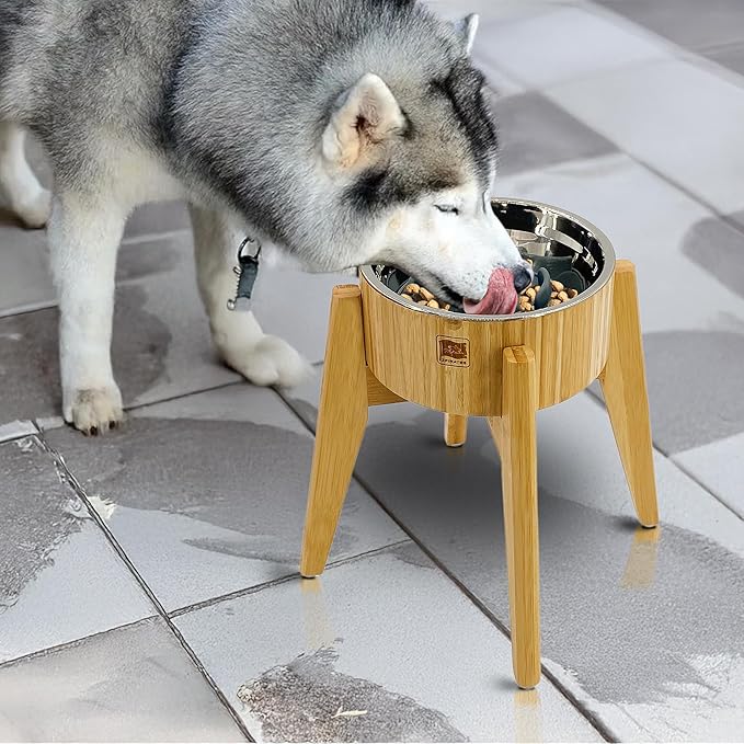 Slow Feeder Dog Bowls for Large Breed - Elevated, Raised 12-inch High - Bamboo Bowl with [60-oz Cap] Stainless Steel Inner Dish, Slow Feeding Insert Pad and Single Stand