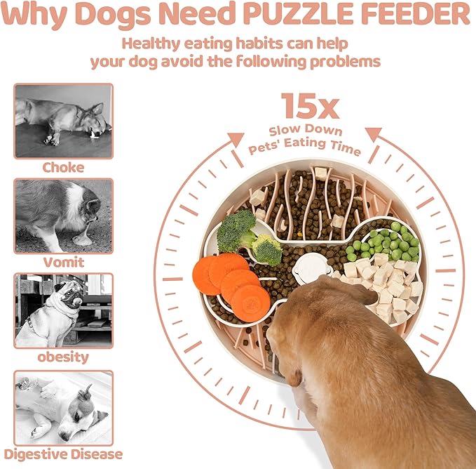 Slow Feeder Dog Bowl for Large Dogs with Non-Slip Base - Adjustable Speed Design, Removable Puzzle Inserts & Dishwasher Safe, Pink