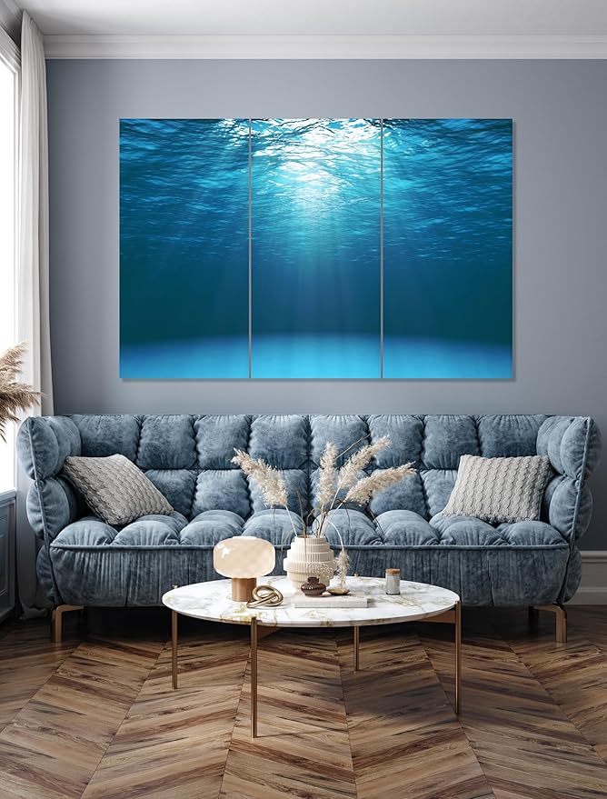 Nature Wall Art Prints - Ocean Forest Mountain Lake Canvas Landscapes - Small to Extra Large Living Room Bedroom Kitchen Bathroom Décor (Sun Rays Under Water, 31L" x 47W" - 3 Panels)