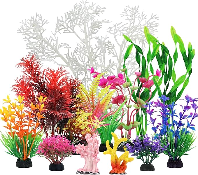 Aquarium Decorations Plants with Resin Coral, 12 pcs Fish Tank Accessories, Fish Tank Decorations Small Plants Plastic, Aquarium Decor Artificial Plant