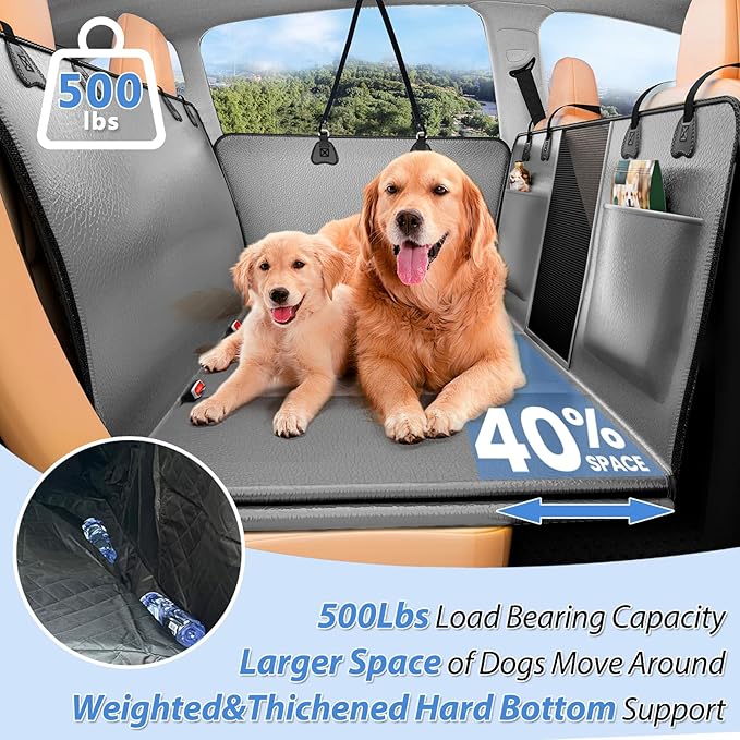 Hard Bottom Dog Car Seat Cover for Back Seat – Waterproof Nonslip Hammock Extender for Trucks & SUVs, Heavy Duty Pet Protector, Gray Faux Leather