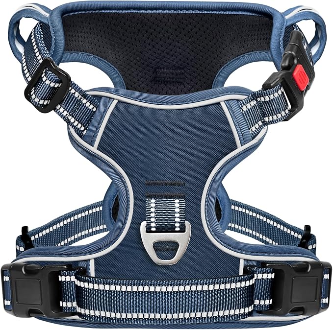 Timos Dog Harness Medium Sized, No Pull Pet Harness with Neck Lockable Snap,No Choke Front Clip Dog Reflective Vest,Adjustable Metal Rings 3 Buckles,Easy Control Handle for Medium Dogs Royal Blue M