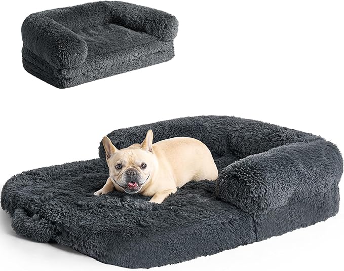 EHEYCIGA Foldable L Dog Bed, Faux Fur Fluffy Dog Couch Bed, Orthopedic Calming Memory Foam L Pet Bed for Large Dogs, Washable Soft Warm Pet Sofa Bed with Non-Slip Bottom, Dark Grey, 40"x30"x6"