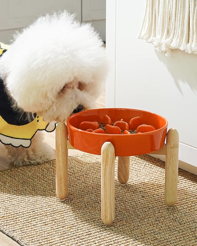 LE TAUCI Ceramic Slow Feeder Puzzle Bowl Elevated 1.5 Cup with Wooden Stand for Small & Medium Dog, Fast Eater Food Bowl Sun Orange