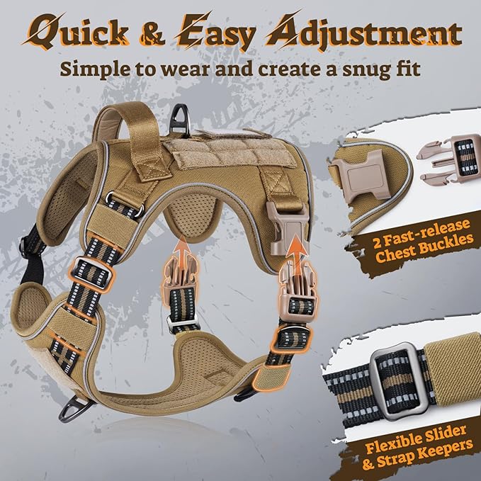 rabbitgoo Dog Harness for Large Dogs No Pull, Tactical Service Pet Vest with Molle and Control Handle, Adjustable and Reflective Military Harness for Easy Walking and Training, Brown, L