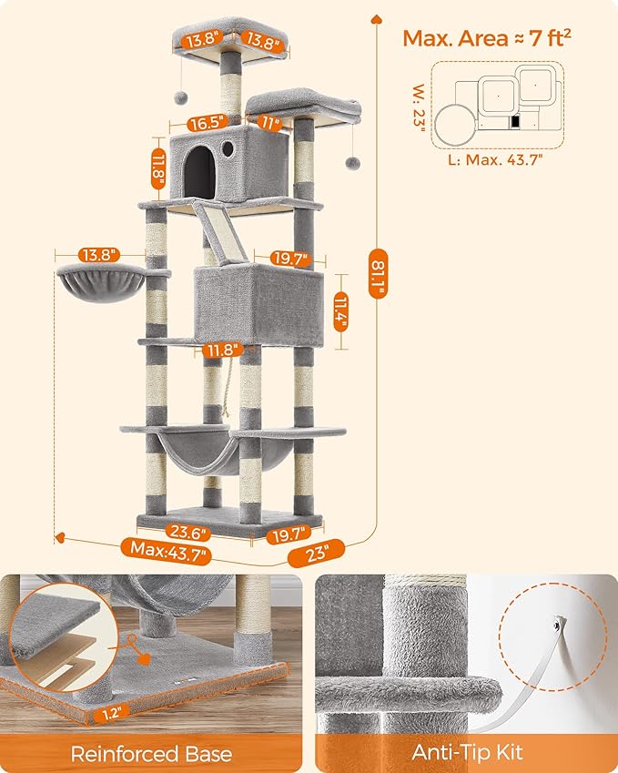 Feandrea Cat Tree, 81.1-Inch Large Cat Tower with 13 Scratching Posts, 2 Perches, 2 Caves, Basket, Hammock, Pompoms, Multi-Level Plush Cat Condo for Indoor Cats, Light Gray UPCT190W01