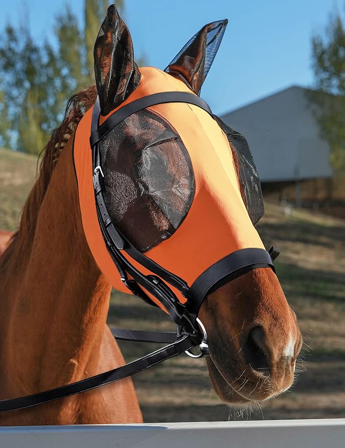 Horse Fly Mask with Ears, UV Protection Mask for Horses, Elasticity Mask with Big Mesh Eye Covers, Snug Fitting Comfortable Breathable Lightweight Red Orange Full Size